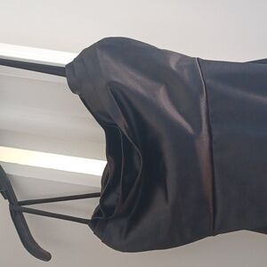 Windsor long shiny black slinky dress with spaghetti straps and slit